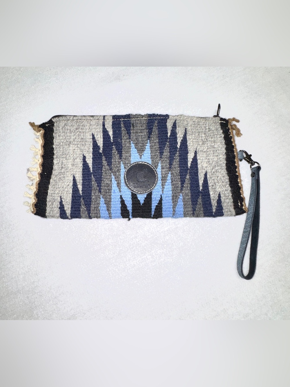 Kestrel leather works handwoven Navajo rug Wristlet Clutch in Blue and Gray